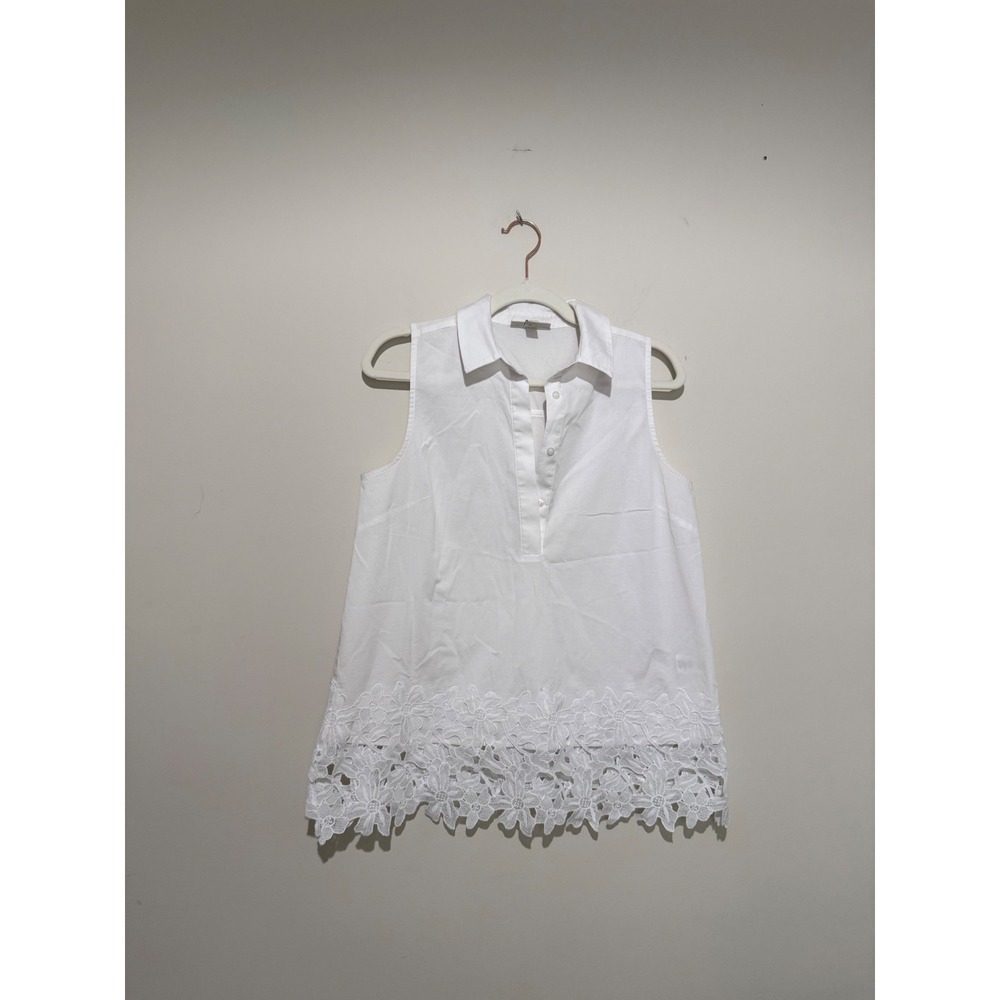 White Sleeveless Floral Lace Hem Tunic Button Down Shirt Top RN73277